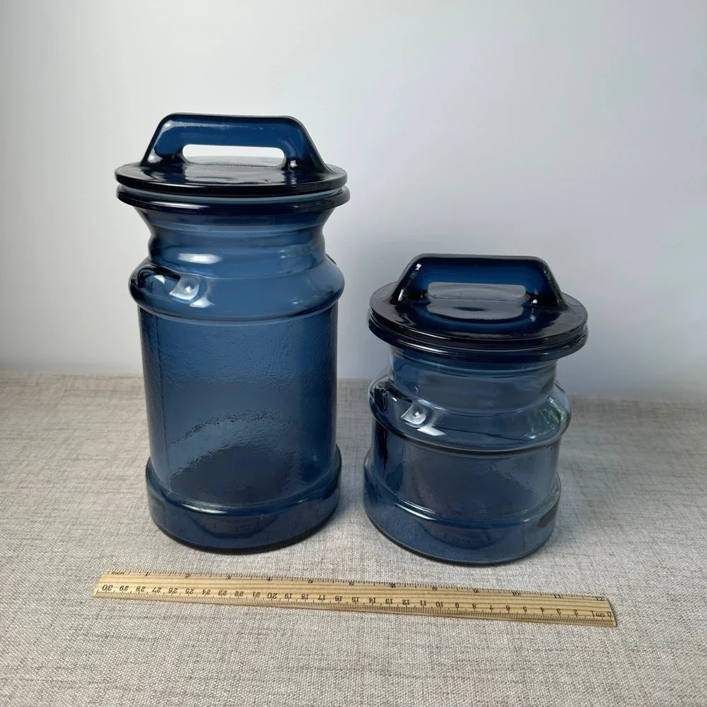Vintage Cobalt Blue Glass Canister Set of 2 Handled Lids Kitchen Storage Jars